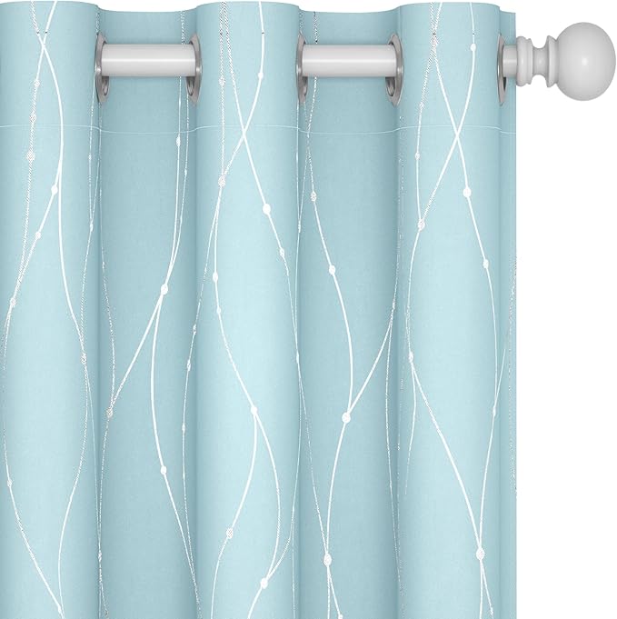 Deconovo Blackout Curtains, Thermal Insulated Soundproof Grommet Drapes, Wave Dot Foil Print, 42 x 45 Inch, Set of 2, Machine Washable Window Panel for Bedroom Living Room Nursery Kitchen, Light Blue