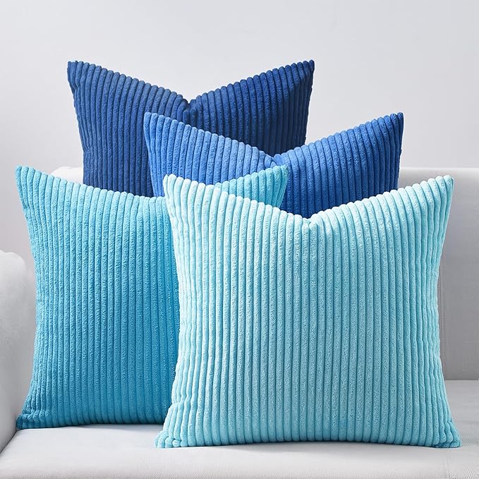 Topfinel Euro Shams Decorative Throw Pillow Covers 26x26 Inch Set of 4,Soft Accent Corduroy Striped Blue Gradient Color Large Cushion Cover for Beach,Patio,Balcony,Living Room,Summer Home Decor