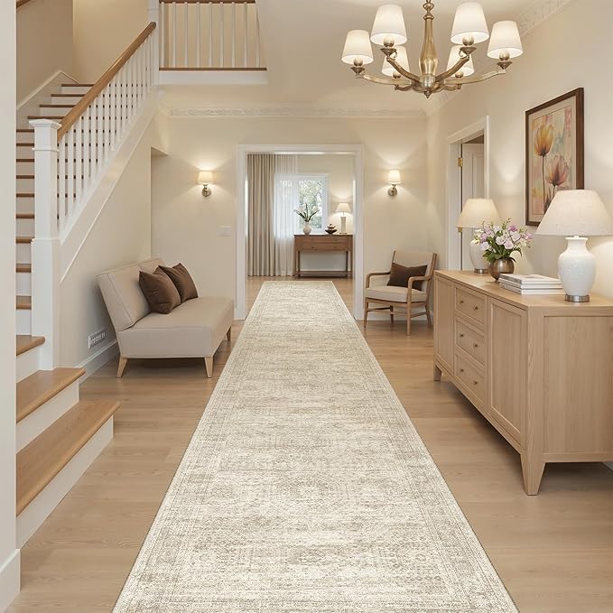 Hallway Runner Rug 3x16 - Vintage Non Slip Washable 16ft Kitchen Runner for Entrance Soft Long Carpet Runners for Living Room Bedroom Dining Room, Beige