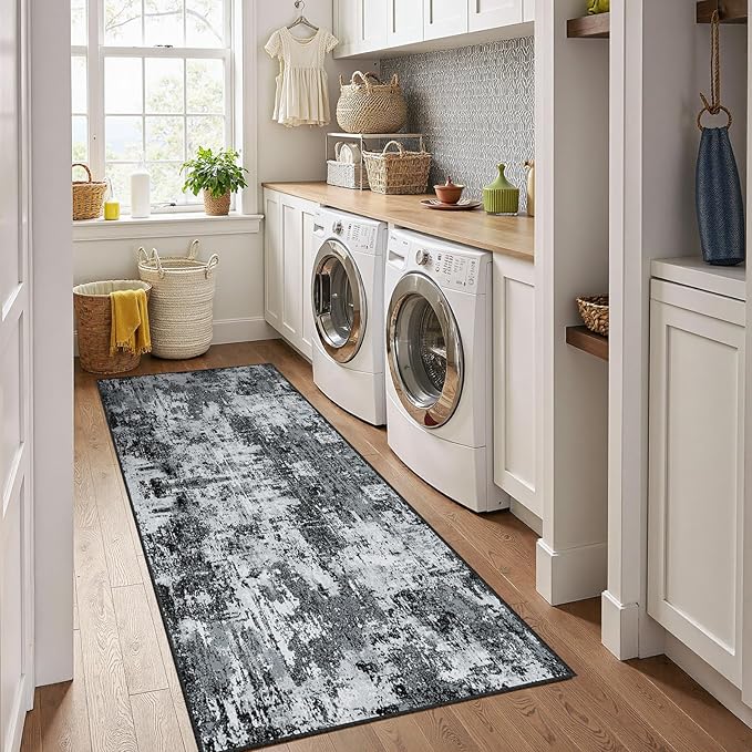 Washable Area Rugs 2'x10' Non-Slip Modern Abstract Soft for Living Room Entryway Bedroom Nursery, Print Pattern, Black Navy Blue Gray