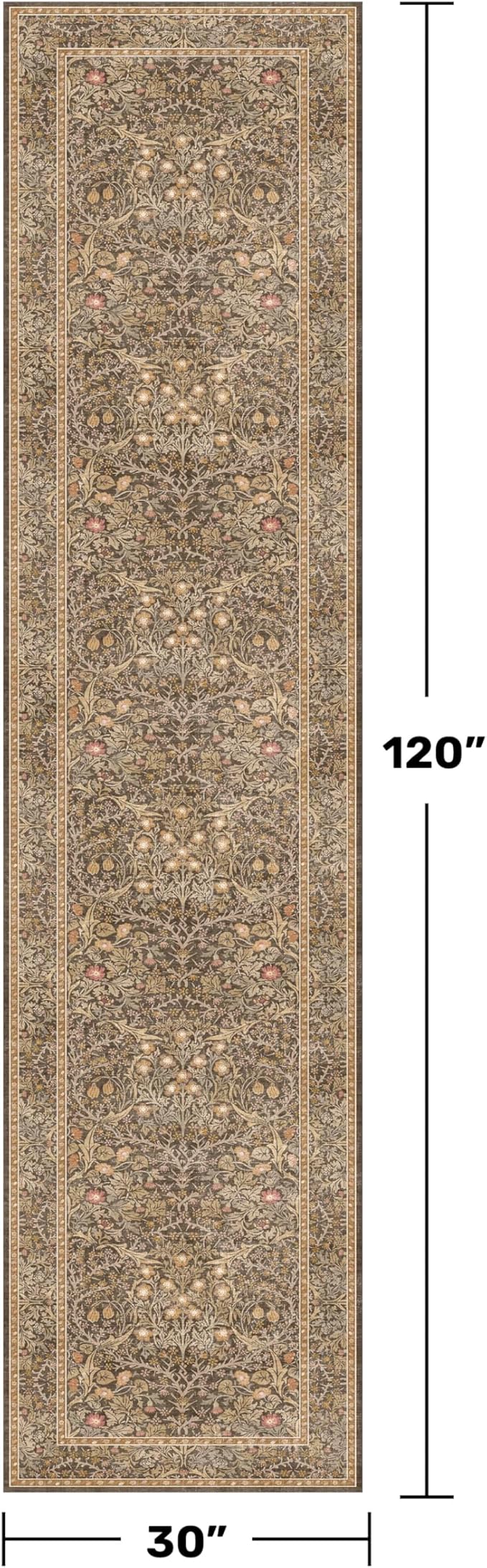 Brown 2'6" x 10' Hallway Runner Rug Non Slip - Washable Kitchen Rug Stain Resistant, 10ft Extra Long Thin Entryway Indoor Mats, Soft Boho Vintage Gold Brown Floral Indoor Carpet Runner Décor Low Pile