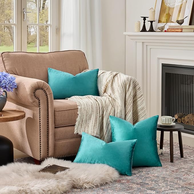 GIGIZAZA Decorative Small Lumbar Pillow Covers,Set of 2 Cushion Covers Velvet Teal Peacock Green Pillows,Sofa Throw 12 X 20 Pillow Covers