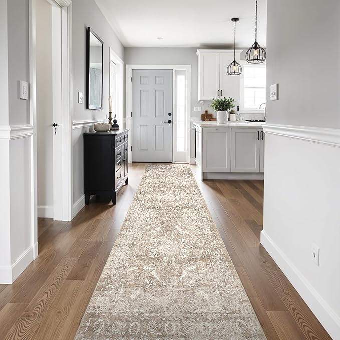 2'6"x14' Washable Hallway Runner Rug - Non Slip Kitchen Runner Rugs with Rubber Backing Vintage Low-Pile Carpet Runners for Entryway Dining Room Laundry Room Home Decor (Beige)