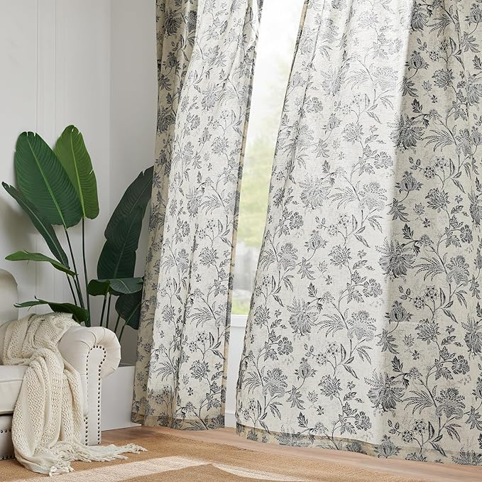 jinchan Linen Floral Curtains for Living Room with Printed Flower 63 Inches Long Light Filtering French Country Back Tab Rod Pocket Black Window Curtain Set Farmhouse Drapes 2 Panels Black