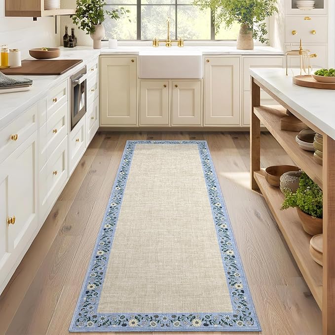 GarveeHome Entryway Rug 2x6 Modern Bordered Runner Rug Washable Kitchen Runners for Hallway Non-Slip Low-Pile Soft Carpet Floral Print Bathroom Mat for Bedroom Laundry Room, Beige
