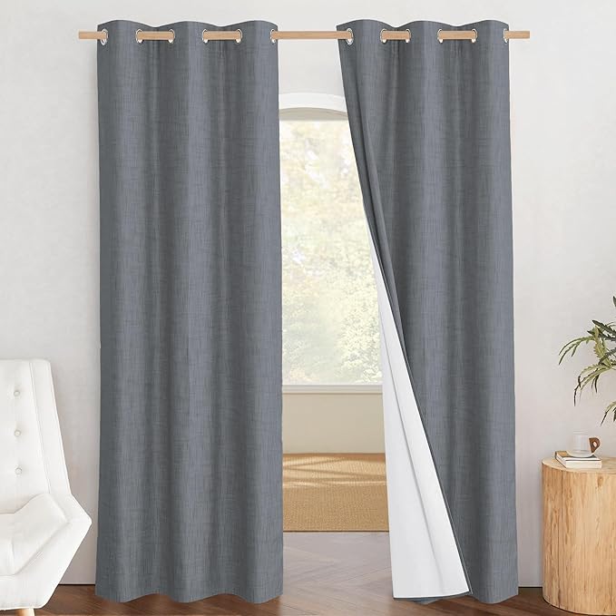 NICETOWN 100% Blackout Linen Texture Curtains 90 inches Long, Dove Grey, 2 Pcs, Thermal Insulated Full Blackout 2-Layer Lined Drapes, Energy Efficiency Window Draperies for Boy's Room