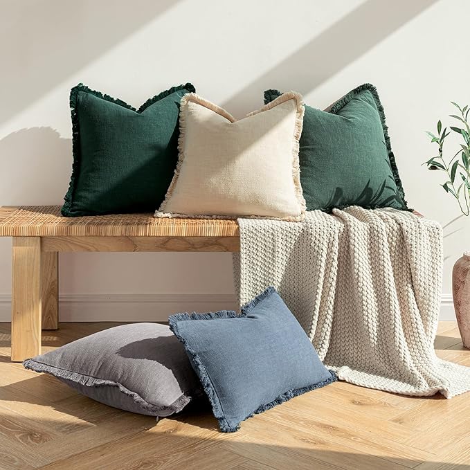 MIULEE Decorative Throw Pillow Covers Neutral Linen Fringe Throw Pillows Euro Shams Set of 2 Navy Blue Boho Farmhouse Cushion Covers for Couch Sofa Bed Living Room Spring Home Decor 22x22 Inch
