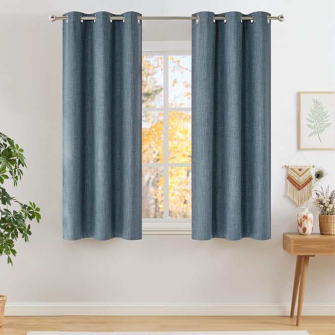 NICETOWN Short Faux Linen Mist Blue Blackout Curtains 63 inches Long for Kitchen - Privacy Panels for Living Room Bedroom, Modern Farmhouse Style Easy Care Grommet Top, 2 Panels, W42 by L63