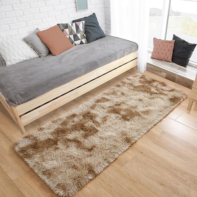 Tepook Fluffy Runner Rugs for Bedroom Aesthetic 2x6 Feet, Shag Soft Bedside Rug with Non-Slip Bottom, Fuzzy Plush Carpet for Room, Hallway Rug for Nursery Dorm Indoor Home Decor, Tie-Dyed Beige