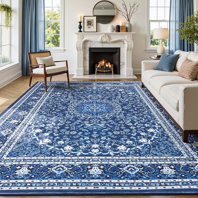 Lofus 8x10 Area Rugs for Living Room, Machine Washable Non-Slip Area Rug, Low Pile Large Rugs for Bedroom, Kitchen, Dining Room, Home Office, Vintage Oriental Print Rug, Dark Blue with White