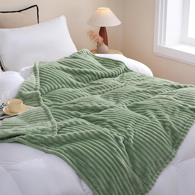Sage Green Fleece Throw Blanket 50”×60” for Couch Sofa Bed,Super Soft Cozy Plush Microfiber Flannel Blanket with Stripes Design Lightweight for Adults,Woman,Girls