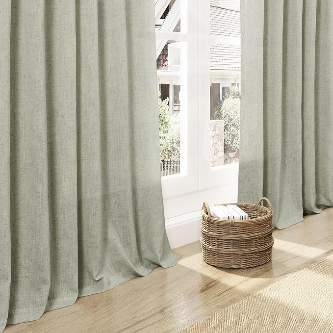 Extra Wide 100 Inch Linen Curtains for Living Room Divider Light Filtering Semi Sheer Back Tab Patio Curtains for Sliding Door Sage Green Coastal Decor Sunroom Floor to Ceiling Window Curtain 100x84