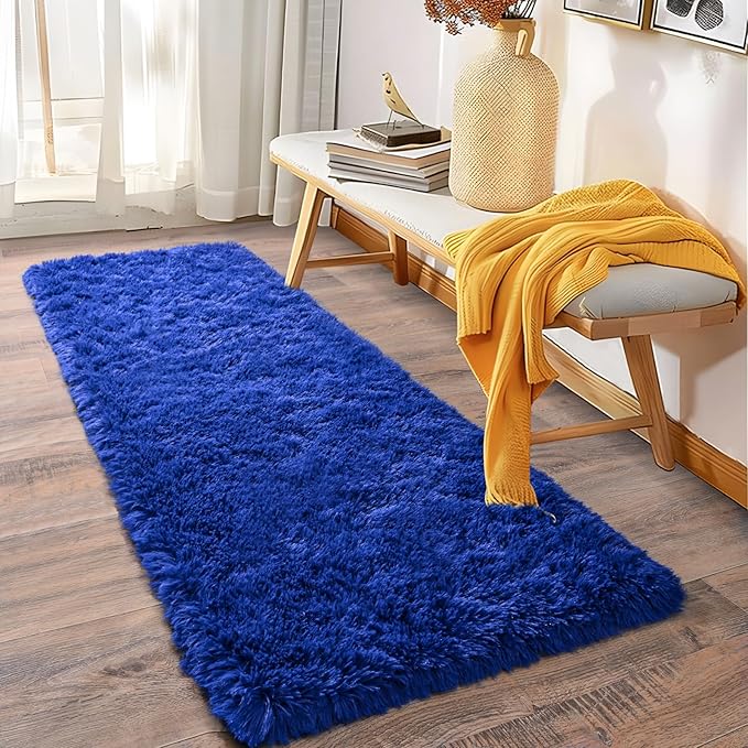 Soft Runner Rugs for Bedroom Hallways, 2x6 Royal Blue Fluffy Shag Throw Area Rug Non Slip for Bedside Dorm, Long Shaggy Furry Carpet for Nursery Living Room