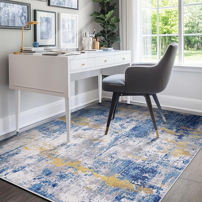 Washable Area Rugs 4'x5' Non-Slip Modern Abstract Soft for Living Room Entryway Bedroom Nursery, Print Pattern, Grey Blue Gold/Golden