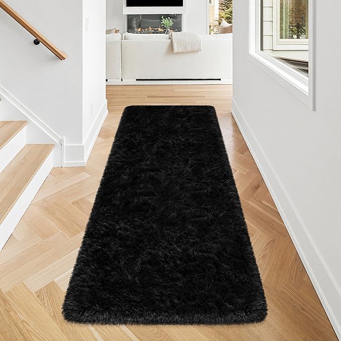 2x5 Bedside Area Rugs for Bedroom Soft Fluffy Shag Black Rug for Hallway Non-Slip Fuzzy Plush Living Room Rug Indoor Floor Carpet for Kids Rooms Dorm Nursery Modern Home Aesthetic Decor