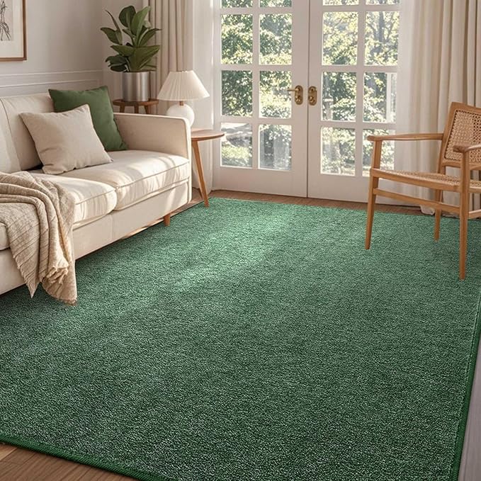 FinRèc 4x6 Washable Area Rugs for Bedroom Living Room, Low Pile Thin Rug Solid Color, Non-Slip Carpet Indoor for Home Decor (Green)