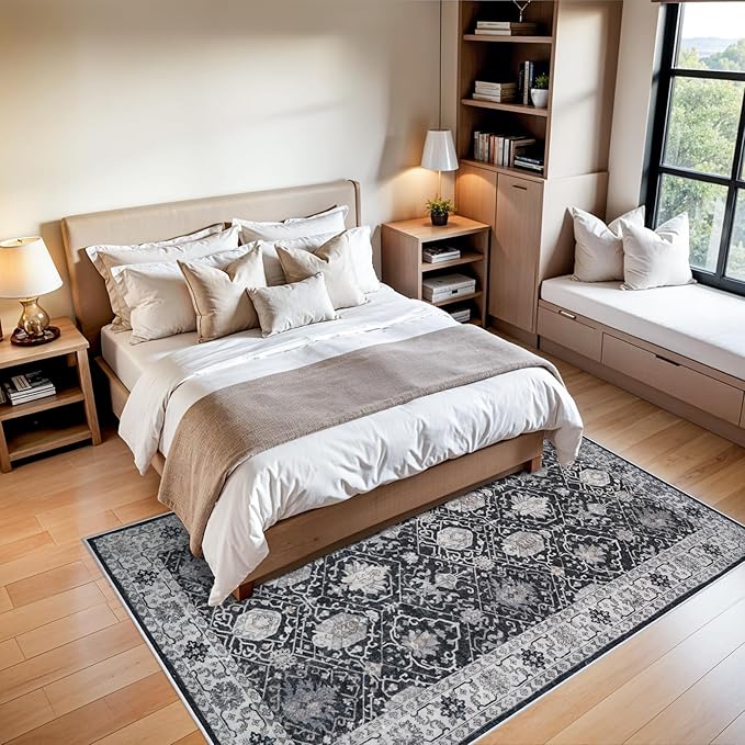 5x7 Living Room Area Rugs: Washable Non-Slip Stain Resistant Rug for Bedroom Dining Room Vintage Ultra Soft Indoor Carpet for Nursery Kitchen Farmhouse Thin Floor Mat for Home Office (5x7 Black)
