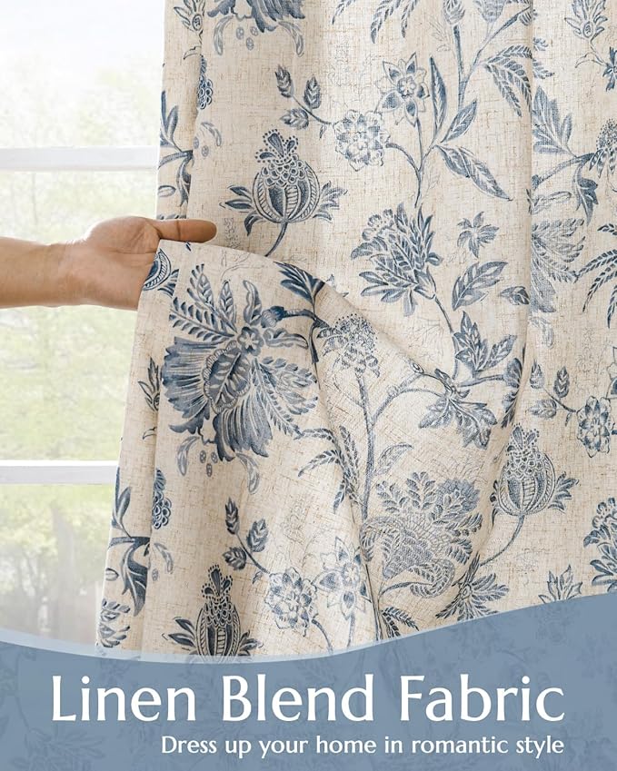 jinchan Lined Linen Floral Curtains for Living Room, 63 Inch Length Printed Flower Farmhouse Patterned French Country Back Tab Blue Window Drapes Set Privacy Bedroom Curtains, 2 Panels