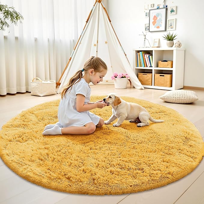 OLANLY Mustard Yellow Round Rugs for Bedroom - Machine Washable, 9 ft Circle Area Rugs for Living Room, Soft and Fluffy Shaggy Carpet for Teen Girl and Boys, Nursery Rooms, Dorms, Home Decor Aesthetic