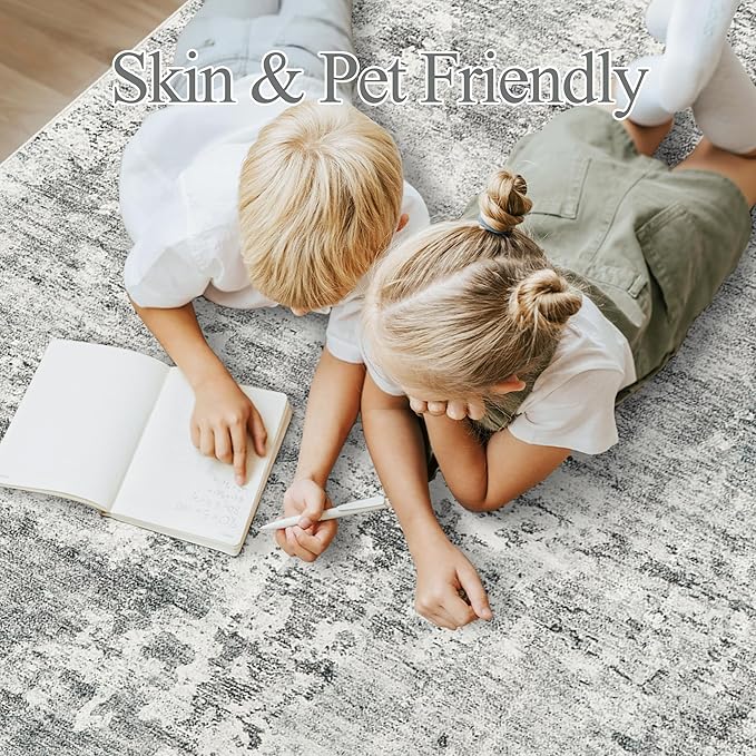 Abstract Rug 8x10 Large Living Room Rugs Neutral Modern Washable Area Rugs for Bedroom Dining Room Non-Slip Stain Resistant Foldable Thin Rug Gray White