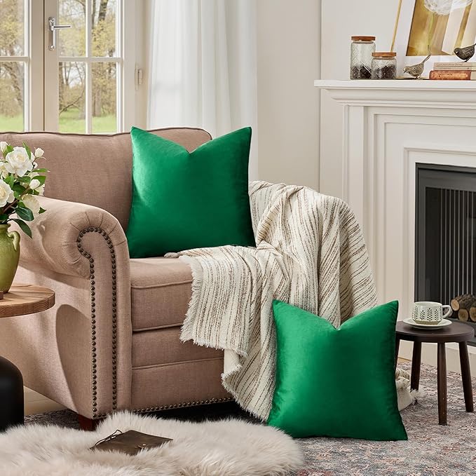 GIGIZAZA Decorative Throw Pillow Covers 16x16,Set of 2 Forest Green Square Couch Pillow Covers,Velvet Sofa Boho Cushion Pillows