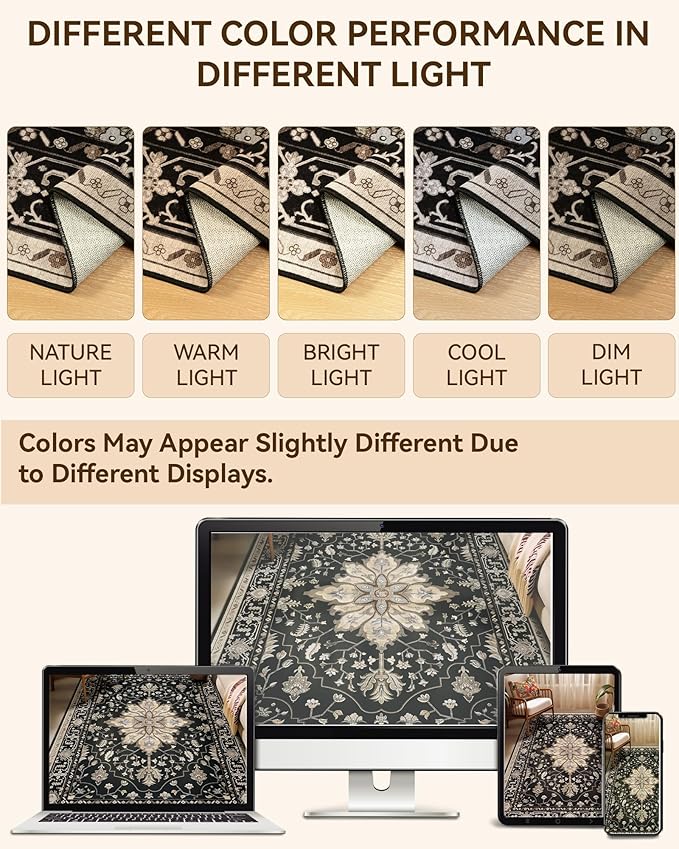 RELEANY Area Rugs 8'x10' Washable Non-Slip, Floral Vintage Distress Print Pattern Medallion Carpet for Living Room Bedroom Dining Room, Black Brown Neutral Dark Tan