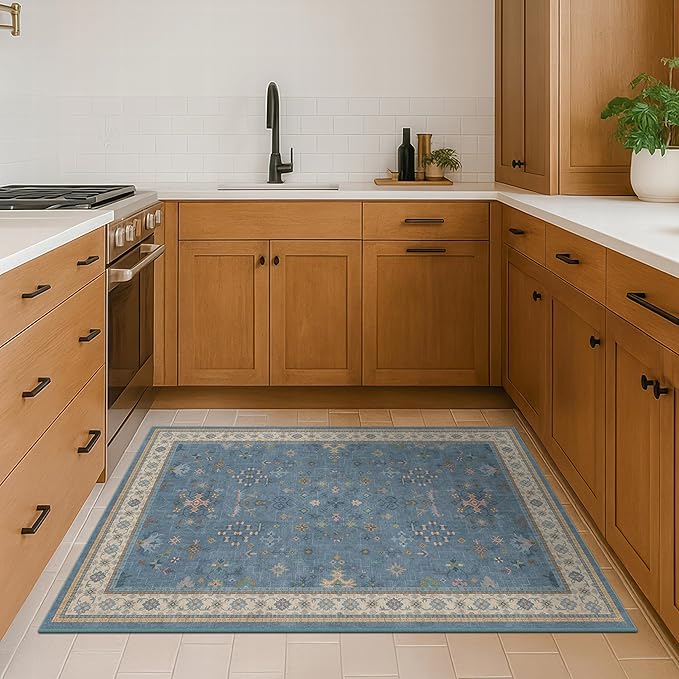 Washable Blue Rugs for Entryway Indoor - 3x4 Throw Rug for Large Kitchen, Bedroom Bedside, Bathroom, Mudroom, Boho Eclectic Modern Décor, Non Slip Low Pile Fade Resistant