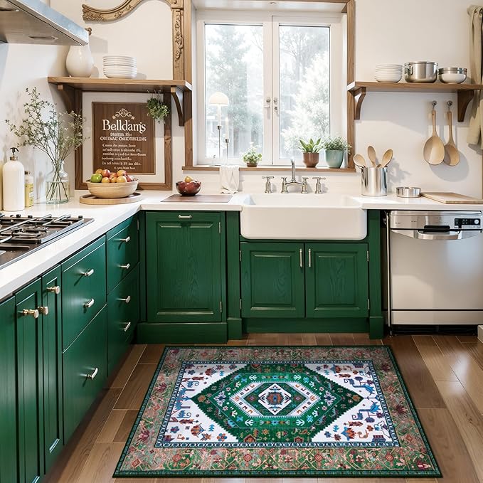 SERISSA Boho Rugs for Entryway, 2x3 Washable Non-Slip Entryway Rug Small Area Rug, Ultra Soft Oriental Vintage Green White Low-Pile Indoor Door Mat Floor Carpet for Entrance Bedroom Kitchen Bathroom