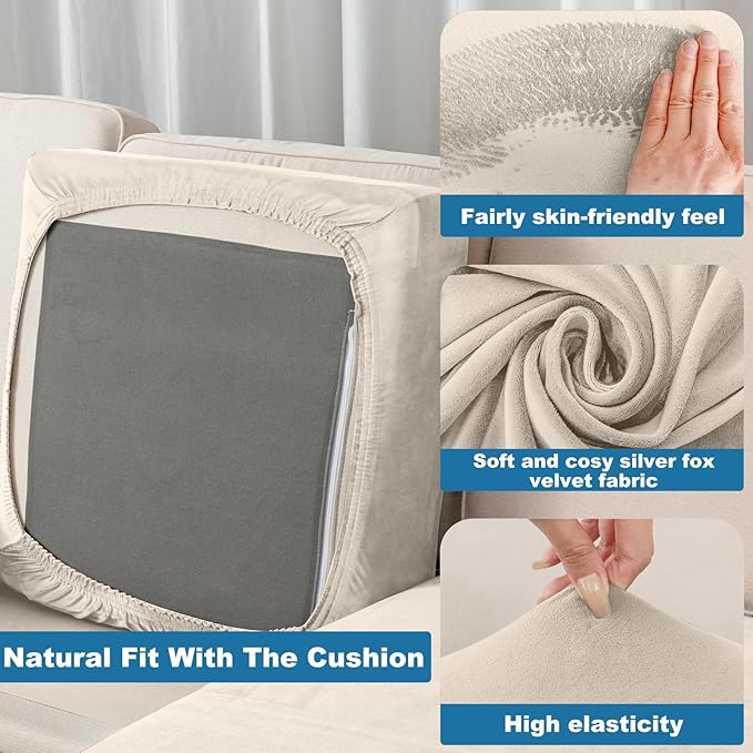 Couch Cover Stretch Velvet Sofa Cushion Cover 3-Piece - Elastic Washable Slipcover for Seat or Backrest, Couch Seat Covers for Sofas (Cream)