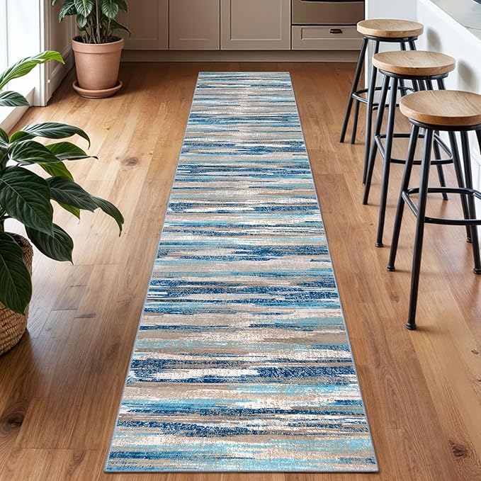 Lansny Modern Abstract Runner Rug 2x10, Blue Washable Long Kitchen Non-Slip Soft Hallway Thin Print Faux Wool Carpet for Entryway Bedroom Laundry Room Indoor Home Decor