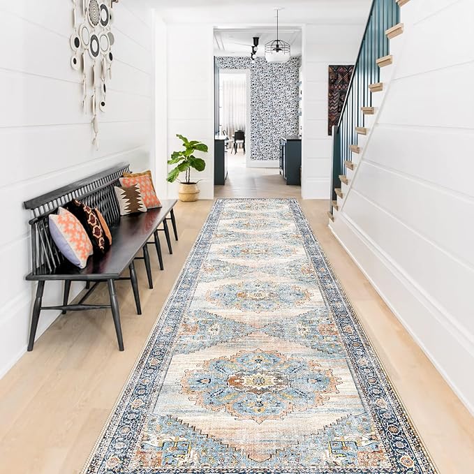 TOPRUUG Washable Runner Rug 2x12 - Hallway Runner Rug Kitchen Rugs and Mats Non Skid Washable Waterproof Carpet Runner for Living Room Bedroom Bathroom (Blue, 2X12)