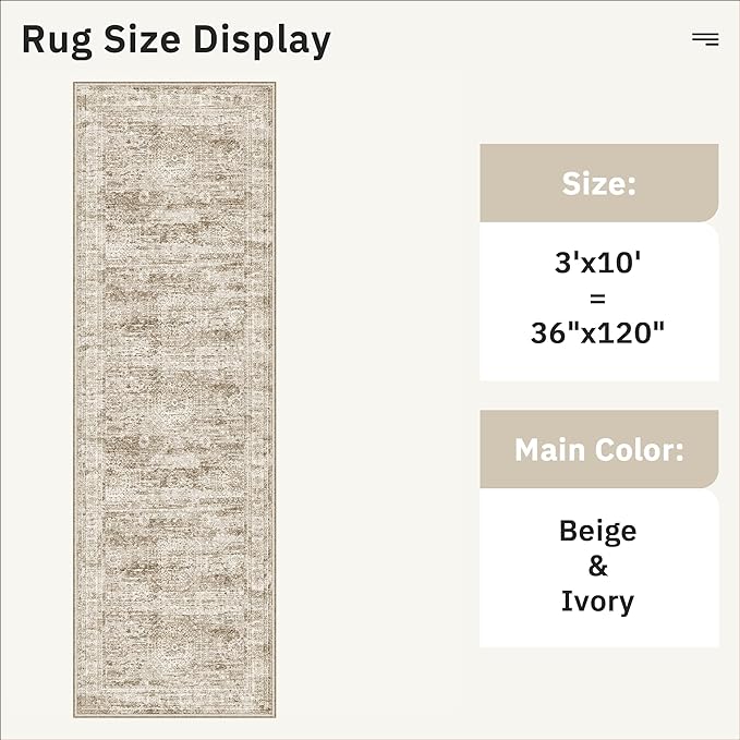 Runner Rug 3x10 Washable Non-Slip Hallway Runner Rugs for Kitchen Bathroom Laundry Room Brown Vintage Floor Carpet Runners for Hallways Entryway