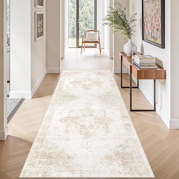 Runner Rug 2x6 Washable Rug, Vintage Boho Medallion Hallway Runner Non-Slip Soft Low Pile Distressed Floor Carpet Retro Doormat for Kitchen Bedroom Laundry Entryway Bathroom (Beige, 2'x6')