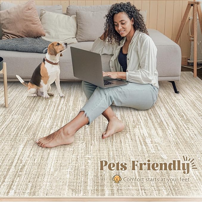 Living Room Rugs 10x14: Washable Moroccan Geometric Boho Rug Farmhouse Non Slip Stain Resistant Large Rug Low Pile Soft Carpet for Bedroom Dining Room Kids Room (Camel,10'x14')