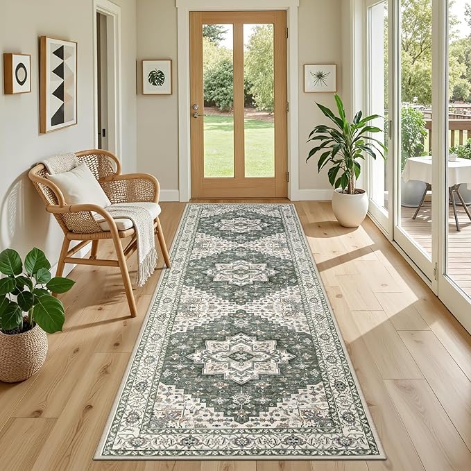 Hallway Runner Rug Non Slip - Washable 2.6x8 Kitchen Rugs for Living Room, Low-Pile Soft Bedroom Rug Indoor Floor Stain Resistant Carpets for Entryway, Laundry, Bathroom Green Ivory