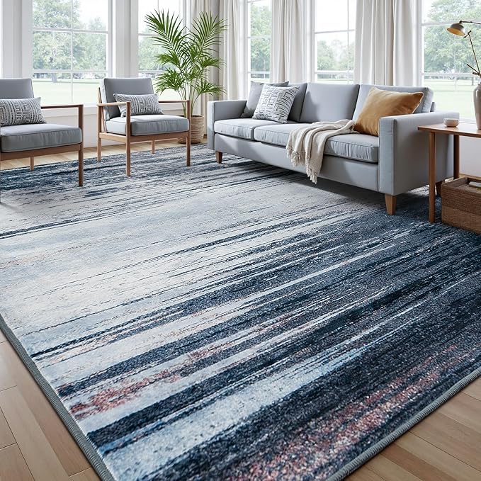 Rugflix 9x12 Large Area Rug, Washable Rug for Living Room, Non Slip, Soft Low Pile, Modern Abstract Blue Grey Indoor Carpet for Bedroom, Dining Room, Home Office, Large Room