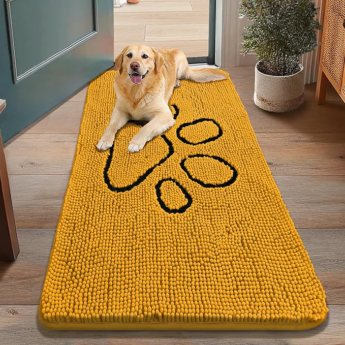Smiry Dog Door Mat for Muddy Paws, Absorbent Dirt Trapper Non Slip Quick Dry Washable Chenille Mat for Mud Dogs, Entry Rug for Indoor and Outdoor (48x30 Inches, Golden Yellow and Black)