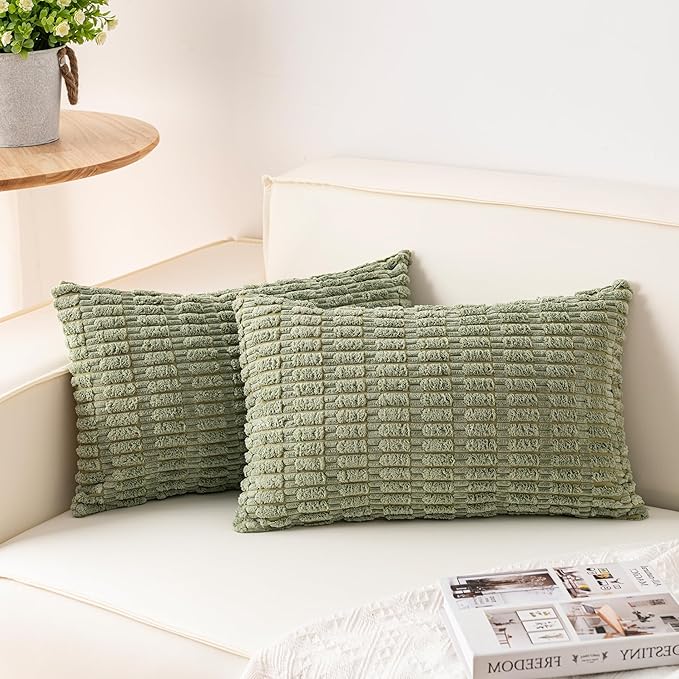 Pack of 2 Corduroy Decorative Throw Pillow Covers 12x24 Inch Soft Striped Pillow Covers Modern Farmhouse Home Decor for Sofa Living Room Couch Bed（Sage Green）