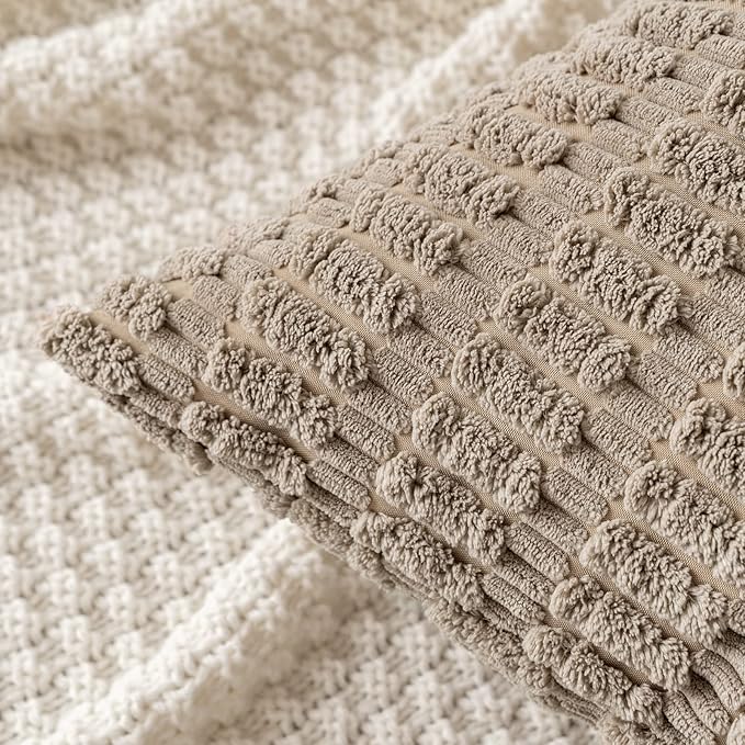 MIULEE Pack of 2 Corduroy Decorative Throw Pillow Covers 18x18 Inch Soft Boho Striped Pillow Covers Modern Farmhouse Home Decor for Sofa Living Room Couch Bed Light Brown