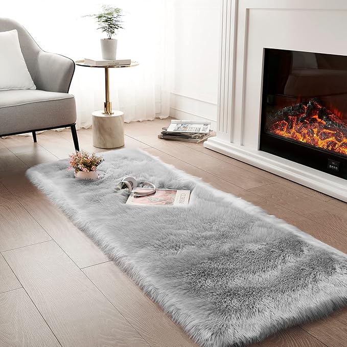 Ciicool Faux Fur Rug for Bedroom, Grey Fluffy Shag Rug for Sofa Couch Seat Cushion, Washable Fuzzy Runner Rugs Thick Fur Area Rug Floor Carpets for Bedside Living Room, 2x6 Ft Rectangle