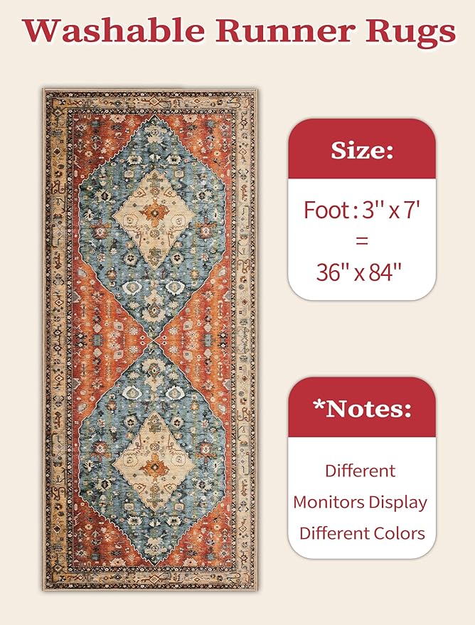 SERISSA Boho Kitchen Runner Rug, 3x7 Washable Non-Slip Runner Rug for Hallways Kitchen Rug, Ultra Soft Vintage Tribal Print Distressed Floor Carpet Runner for Bedroom Entryway Laundry Room