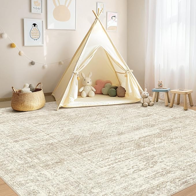 UERMEI Square Area Rugs : Washable 6x6 Neutral Modern Abstract Carpet for Living Room Bedroom - Soft Floor Mat with Non Slip Backing for Kitchen Nursery Dorms Farmhouse Home Decor - Beige/Brown