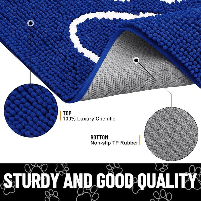 Smiry Dog Door Mat for Muddy Paws, Absorbent Dirt Trapper Non Slip Quick Dry Washable Chenille Mat for Mud Dogs, Entry Rug for Indoor and Outdoor (36x24 Inches, Royal Blue and White)