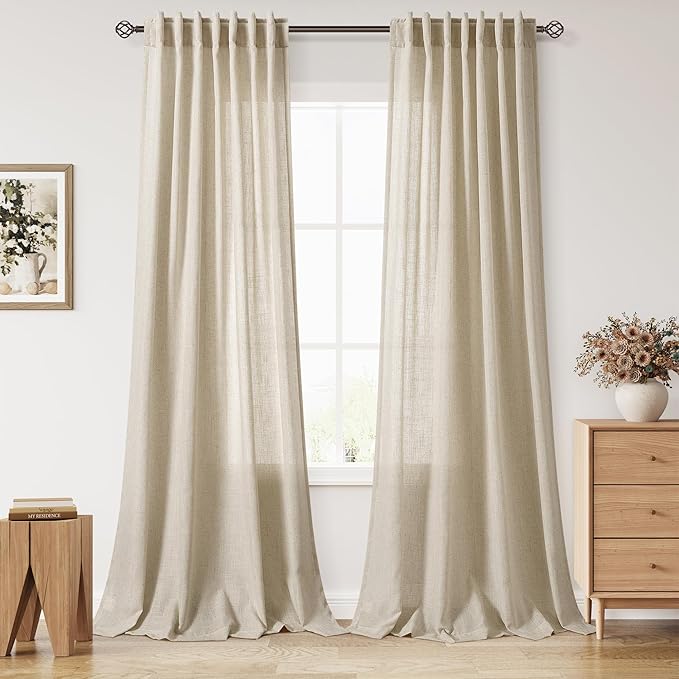Nanspring Eggshell Beige Curtains 90 Inches Long for Living Room Linen Light Filtering Semi Sheer Curtain Back Tab Rod Pocket Rustic Decor Neutral Elegant Drapes for Bedroom 52x90, 2 Panels
