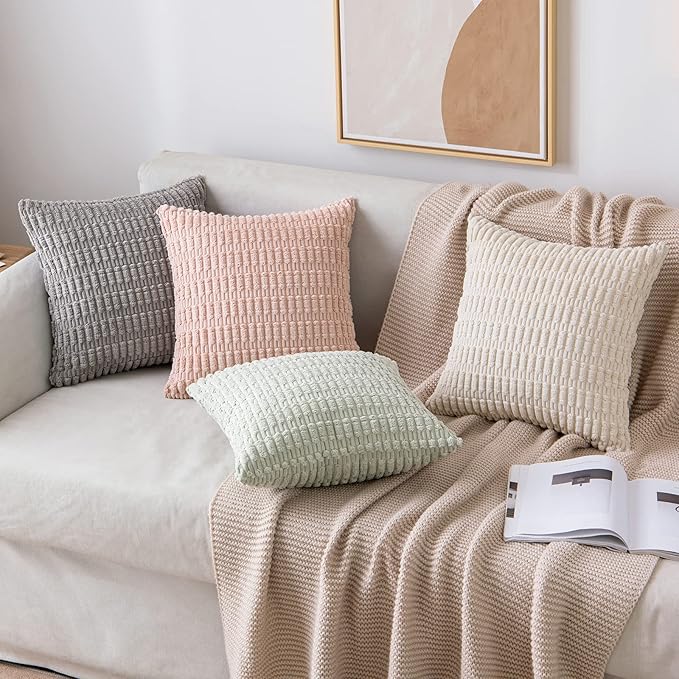 MIULEE Pack of 2 Corduroy Decorative Euro Sham Throw Pillow Covers 22x22 Inch Soft Boho Striped Pillow Covers Modern Farmhouse Home Decor for Sofa Living Room Couch Bed Cream White