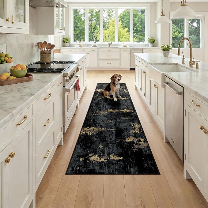 Washable Area Rugs 2x7 Non-Slip Modern Abstract Soft for Living Room Entryway Bedroom Nursery, Print Pattern, Dark Black Gold