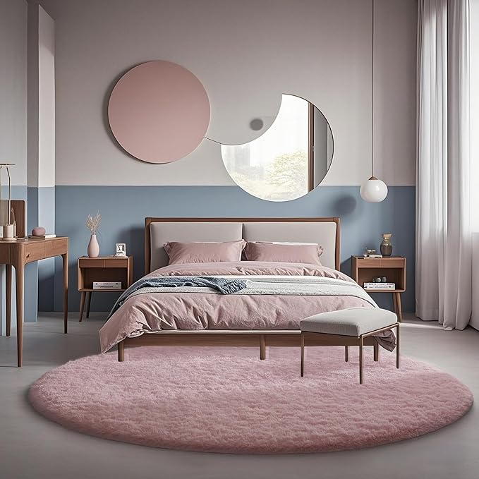 Ophanie Round Rugs 6Ft Pink Circle Area Rug, Fuzzy Bedroom Carpet, Large Shag Plush Floor Kawaii Christmas Living Room Rugs 6 foot,Cute Room Decor for Kids Teen Girls Baby Home Decor Aesthetic,Nursery