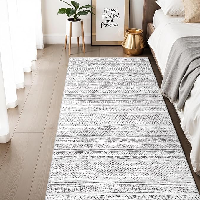 3x6 Washable Hallway Runner Rug - Moroccan Non-Slip Long Runners for Entryway Soft Modern Geometric Low-Pile Rugs for Kitchen Waterproof Neutral Carpet for Bedroom Bathroom Laundry 3x6 Grey