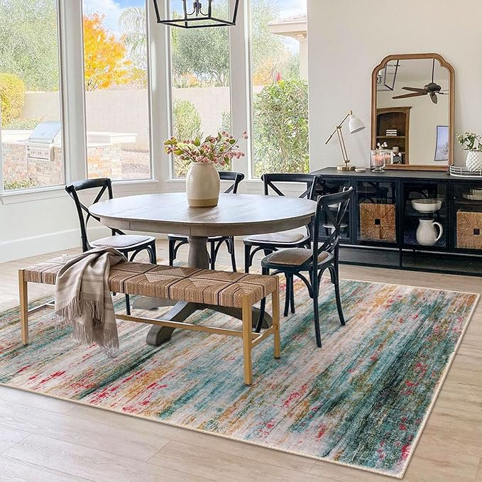 KOZYFLY Washable Area Rug 5x7 Modern Ombre Thin Rugs for Living Room Non-Slip Soft Striped Rug for Bedroom, Print Green Abstract Carpet for Laundry Kid Room