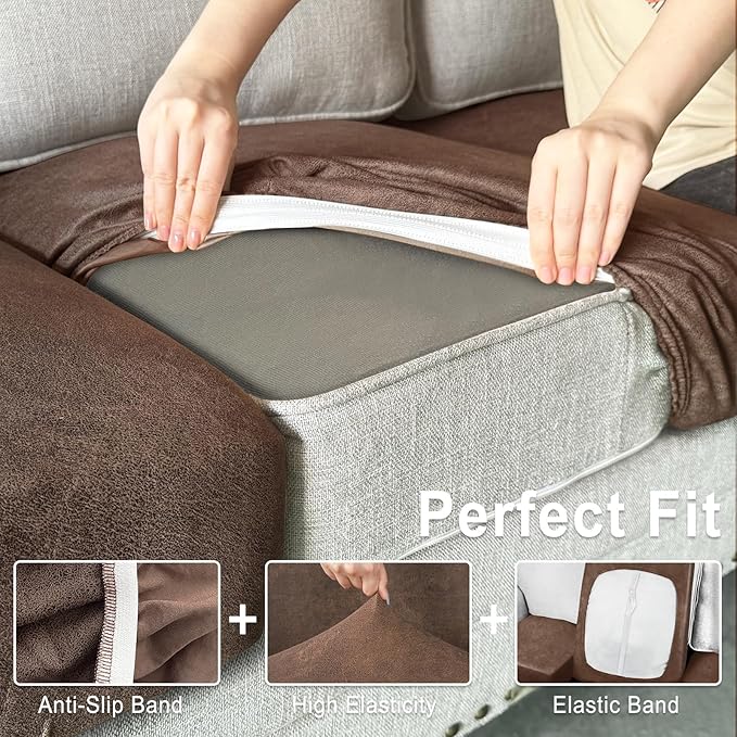 Leather Look Couch Cushion Covers Sofa Seat Slipcovers Sets Couches Furniture Protector for Sectional Armchair Loveseat Pets Kids Stretch Spandex Fabric (1 Cushion Armchair, Brown)
